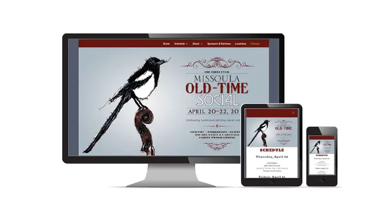 Desktop, iPad, and mobile screen shots of the Missoula Old-Time Social. Drawing of a magpie perched on the head of a fiddle.